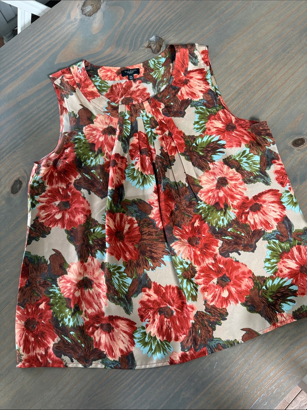 Talbots Red Floral Sleeveless Top with Green Accents
